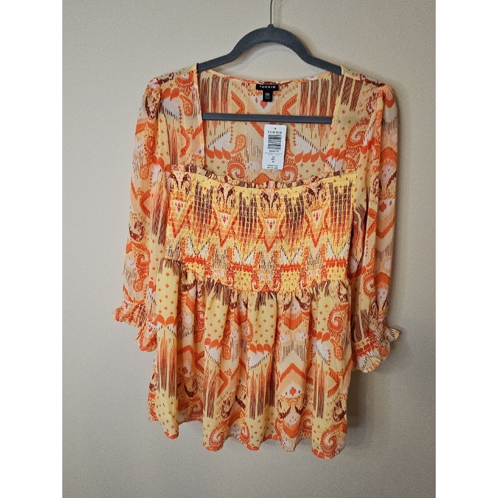 Torrid Top 00 M/L Ikat Babydoll Smocked Boho Ruffle Western Patchwork Earthy